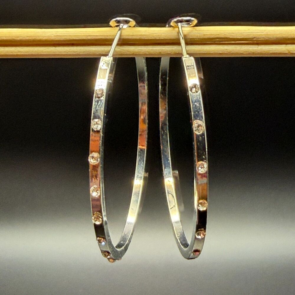 Stately Steel Large Crystal Hoop Earrings Womens Silver Stainless Bling Fashion